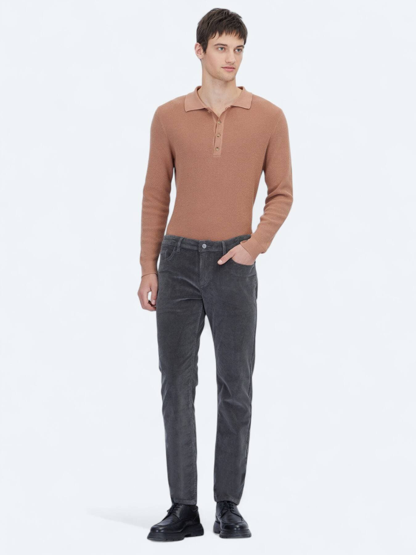 Gri Fitilli Dokuma Slim Fit Kadife Casual Pamuk Karışımlı Pantolon